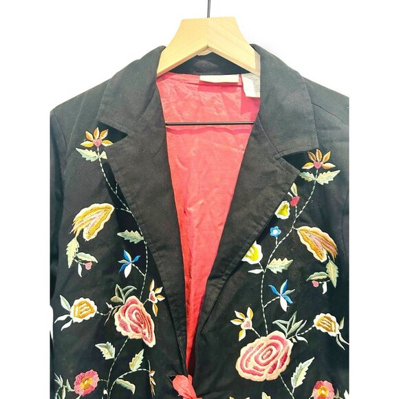 Soft Surroundings Tie Front Blazer Jacket Size Med Floral Black Pink Embroidered - Picture 3 of 14